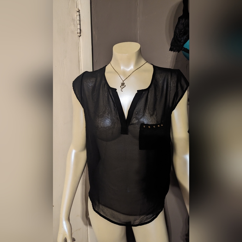 Large sheer black goth pocket rhinestone bongo club shirt v-neck sexy party